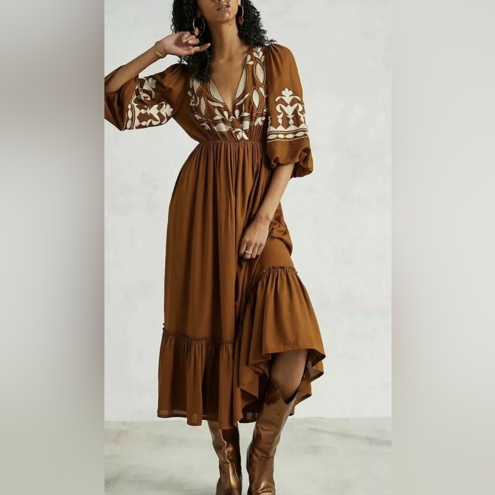 Anthropologie Let Me Be Embroidered Midi Dress